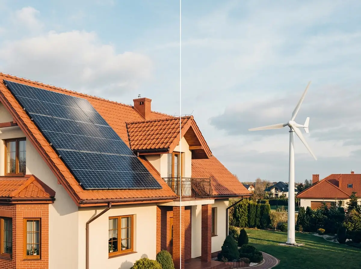 Fotowoltaika czy turbina wiatrowa: panele słoneczne i przydomowy wiatrak przy domu jednorodzinnym