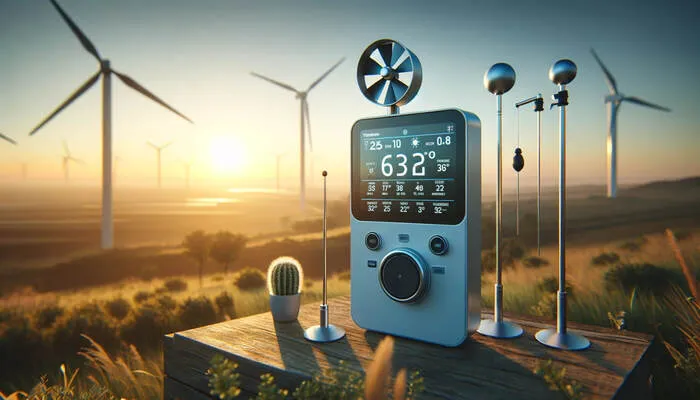 Stacja pogodowa z anemometrem i wiatrowskazem na wzgórzu, w tle turbiny wiatrowe