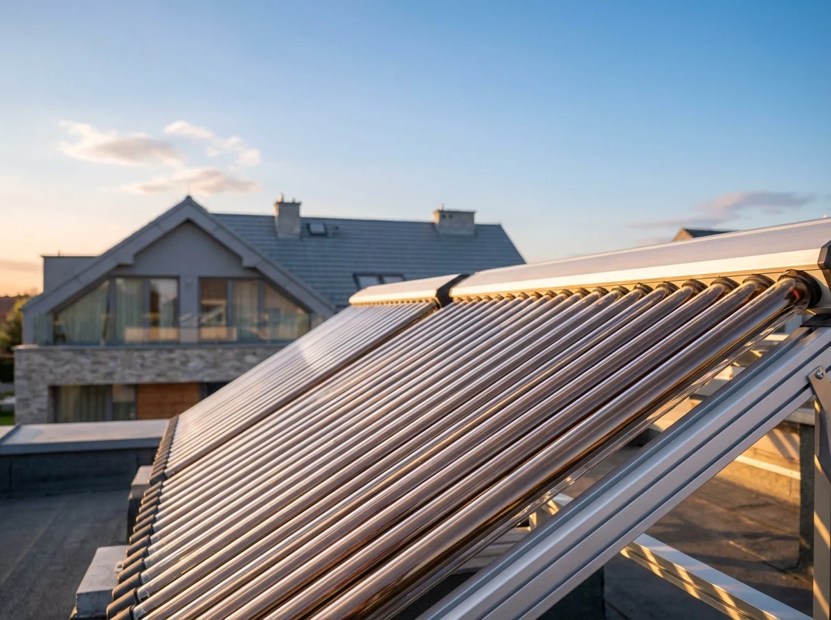 Kolektory słoneczne do podgrzewania wody na dachu domu, ogrzewanie solarne