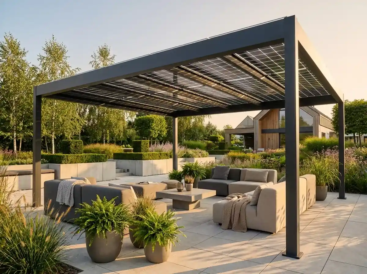 Pergola fotowoltaiczna nad tarasem domu