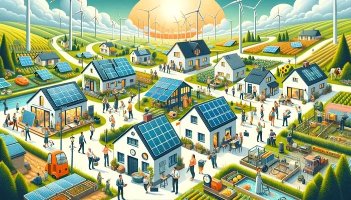 Ilustracja: domy z panelami fotowoltaicznymi, budynki firm i turbiny wiatrowe jako przykład prosumentów energii