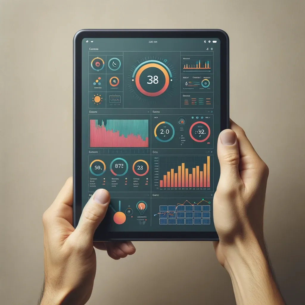 Tablet z panelem systemu zarządzania energią EMS pokazującym zużycie energii w firmie