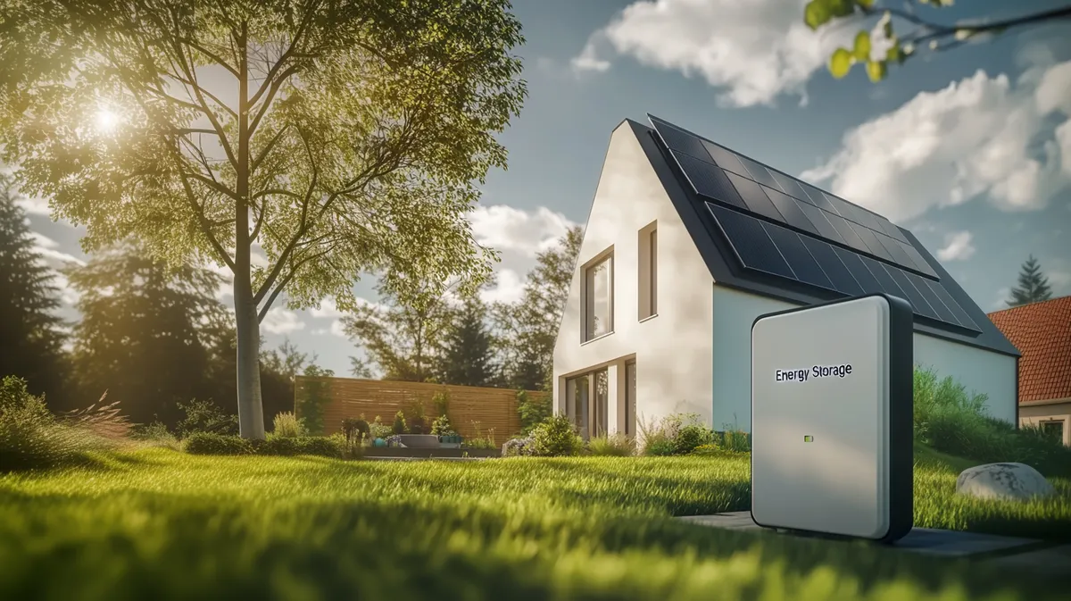 Magazyn energii do fotowoltaiki przy domu jednorodzinnym z panelami na dachu