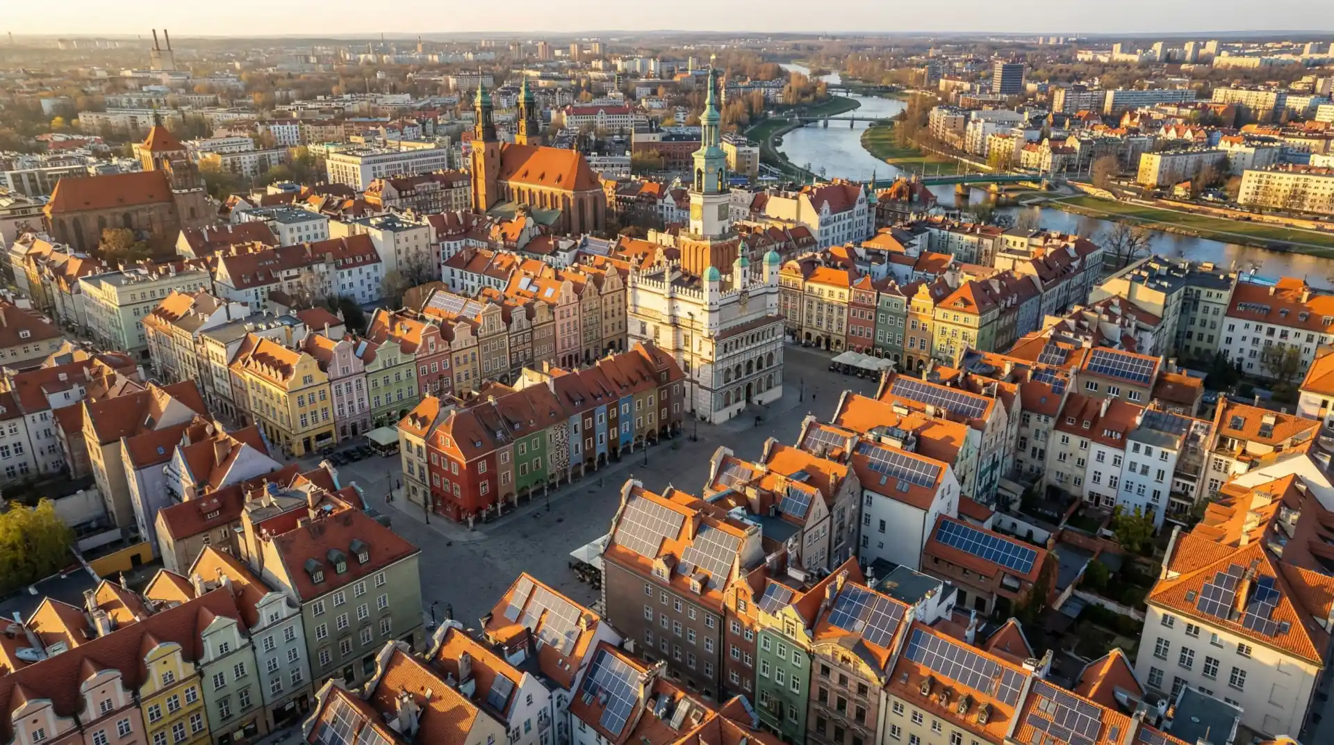 Panorama centrum Poznania z widokiem na miejską zabudowę