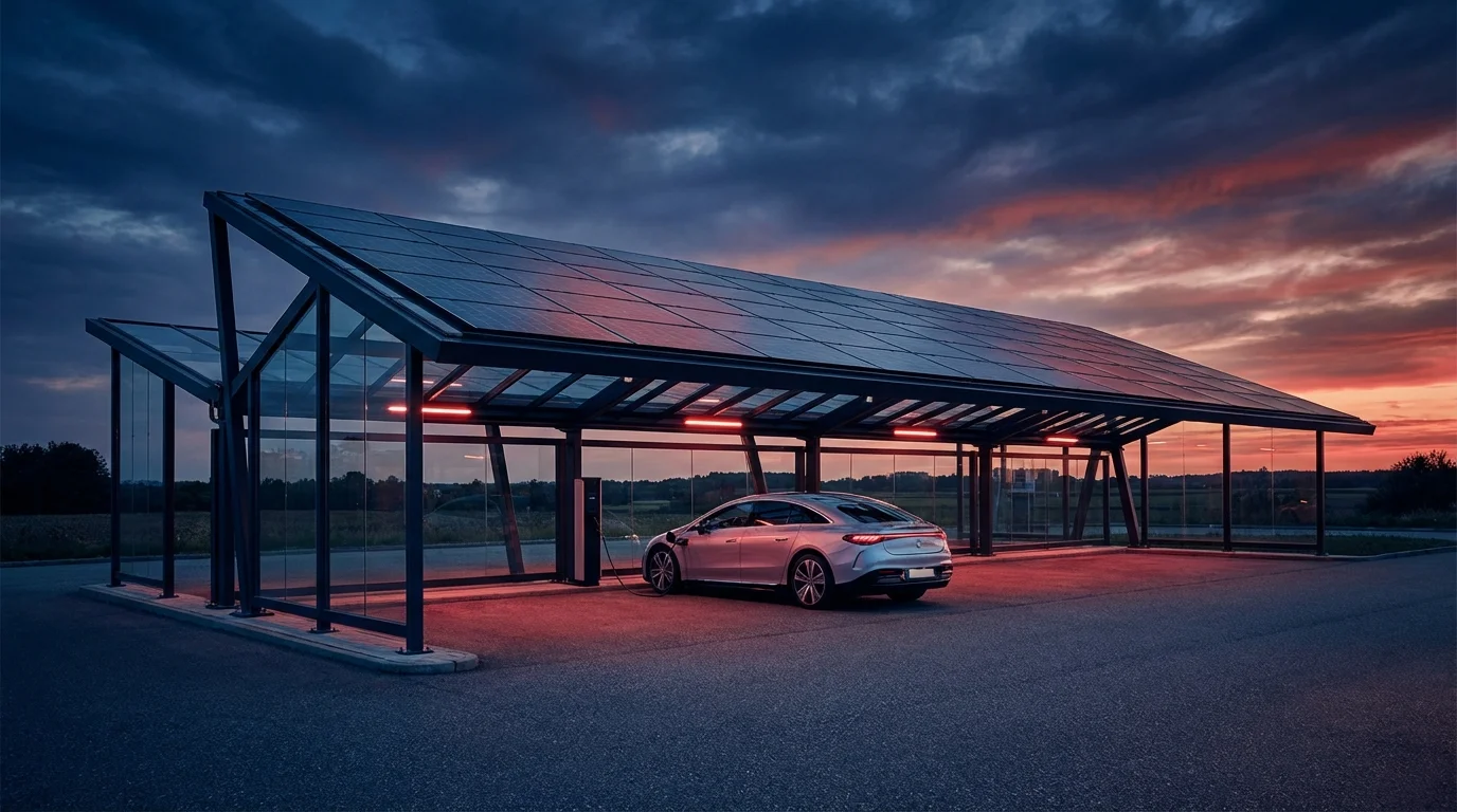 Carport solarny ze stacją ładowania samochodu elektrycznego