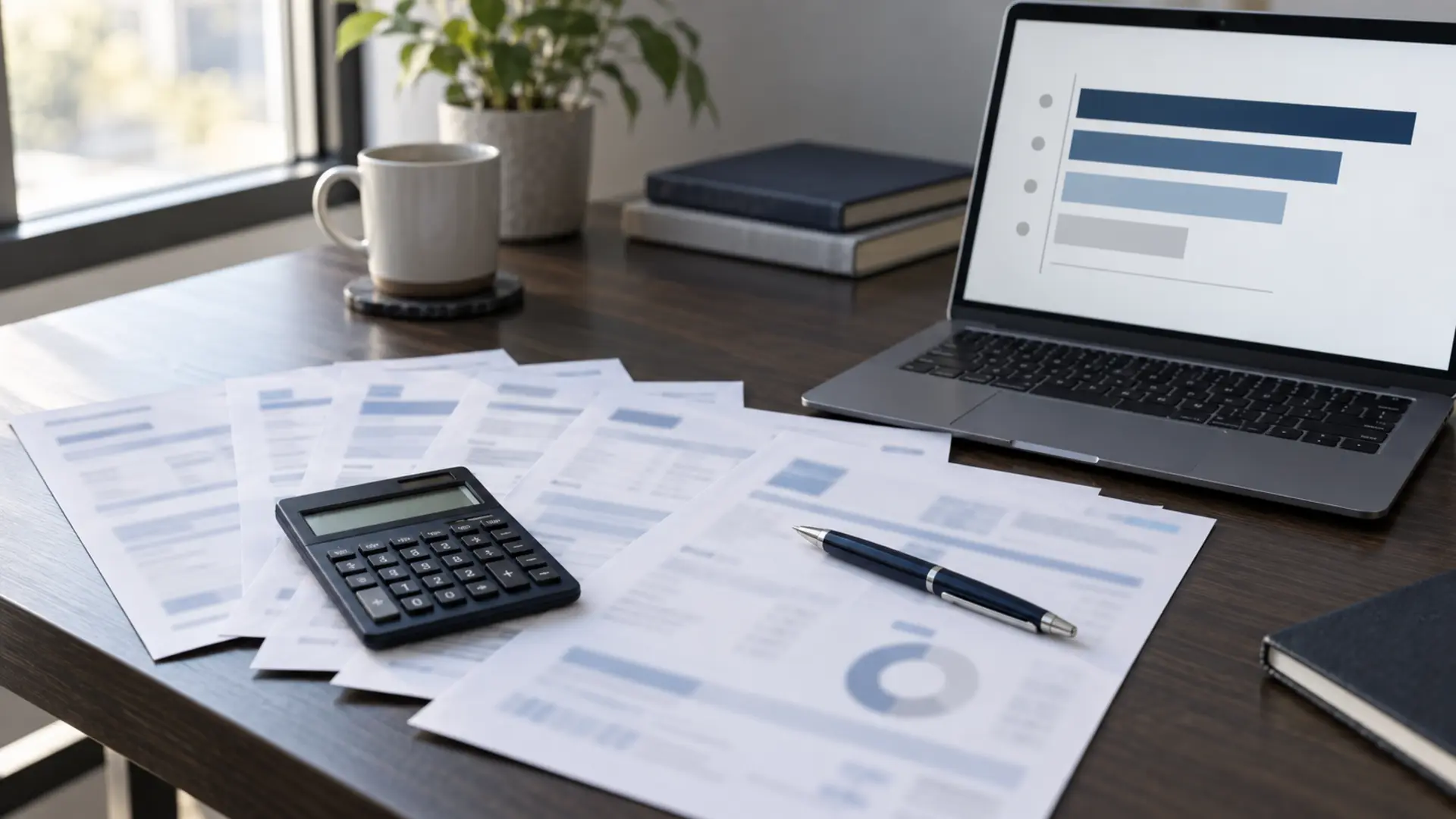 Desk with electricity invoices spread out, a calculator and a cost breakdown chart on a laptop