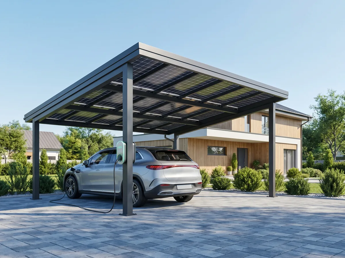 Carport solarny ze stacją ładowania ładujący samochód elektryczny
