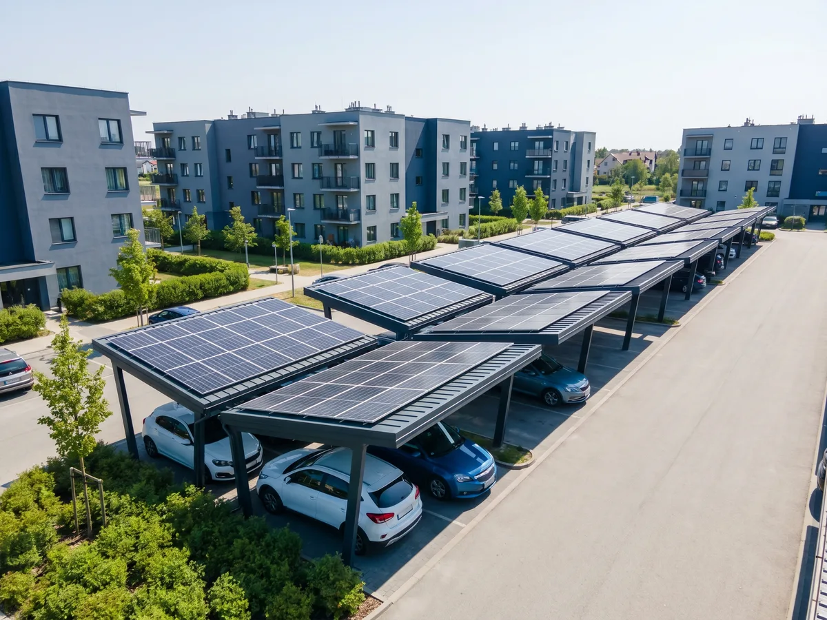 Rząd carportów solarnych w nowym osiedlu mieszkaniowym dla dewelopera